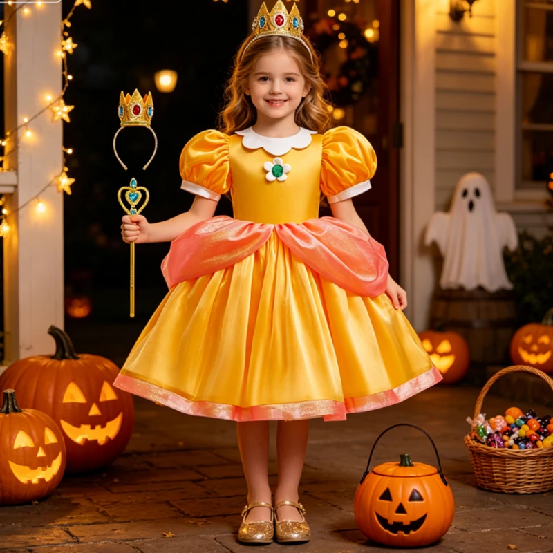 Girls Princess Daisy Cosplay Dress Kids Yellow Puff Sleeve Costume With Crown Scepter Set Halloween Carnival Birthday Party Gown