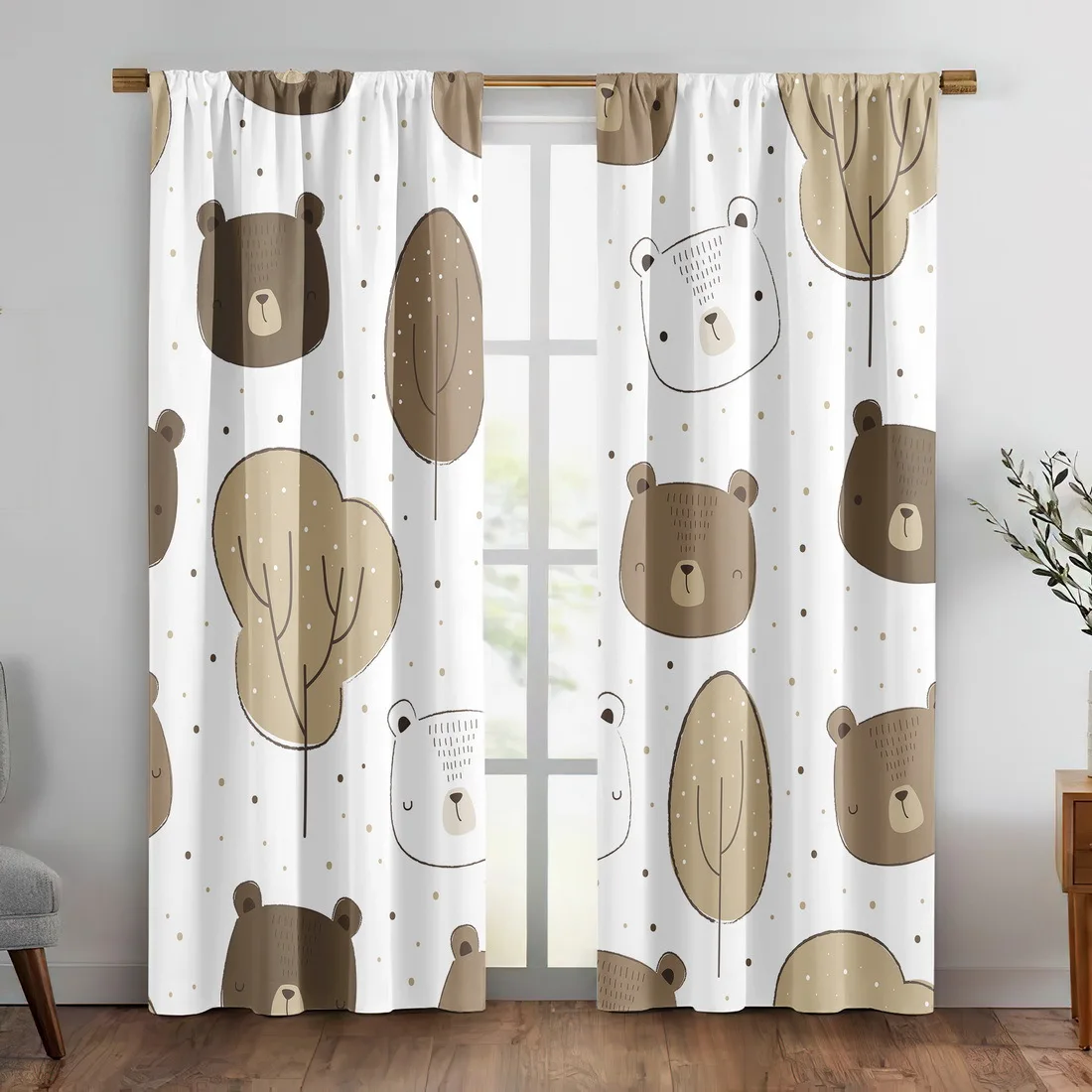 

2pc Cute bear and tree pattern curtains, made of polyester fabric, machine washable, suitable for bedroom and living room décor.