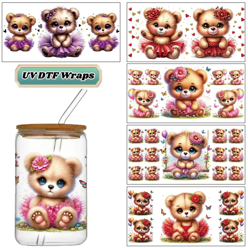 Cute Ballerina Teddy Bear UV DTF Wraps, Kawaii Tutu Bear Stickers for 16oz Glass Cans, Waterproof DIY Transfer Decals