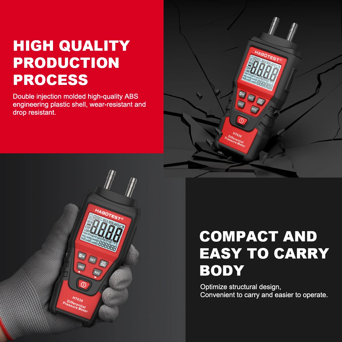 HT636 Digitales Manometer Druckmessgerät Handgehaltener Differenzdruckdetektor Luftdruck-Kit Detektor-Messgerät 12 Einheiten – Detail 10