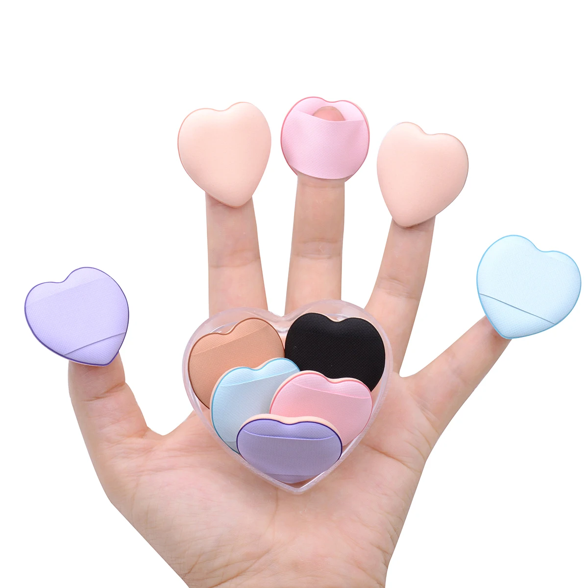 Mini esponja de maquillaje con forma de corazón para dedo, cojín de aire pequeño, estuche de esponja en polvo, corrector facial, crema BB, cosmética, belleza, 5/10 Uds.