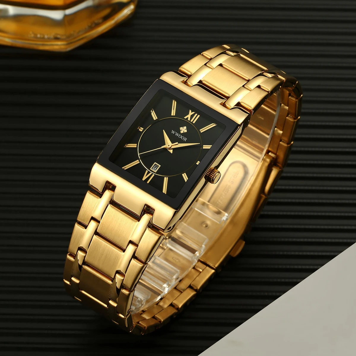 Reloj Masculino WWOOR, reloj dorado, relojes cuadrados para hombre, relojes de pulsera impermeables de acero inoxidable de cuarzo dorado de lujo de