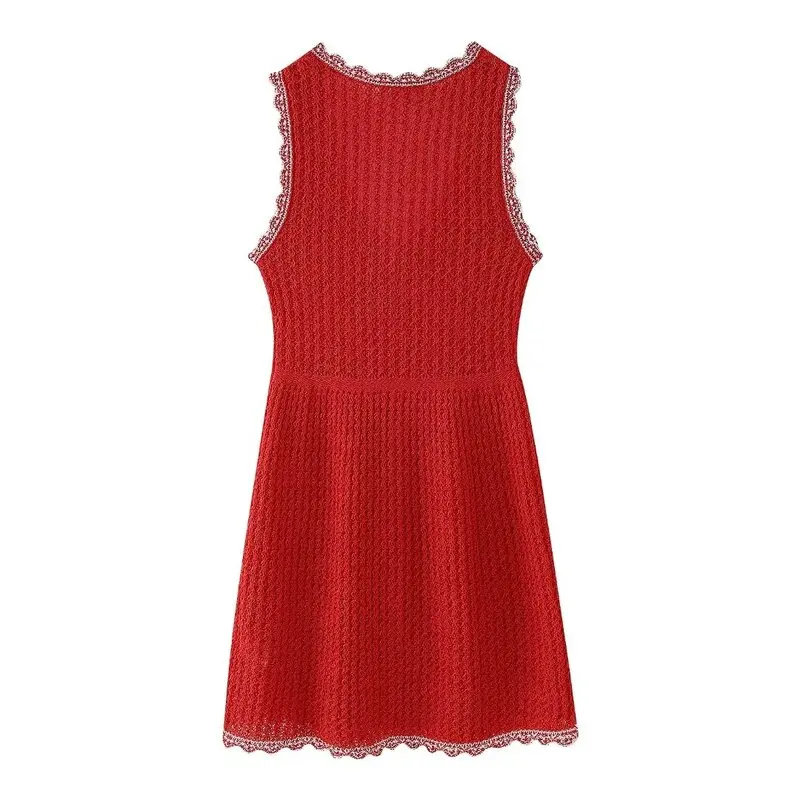 2024年夏 レディース ノースリーブ 多機能 ニット ミニワンピース アイレットレース 刺繍 魅惑的な透かしデザイン 通勤対応