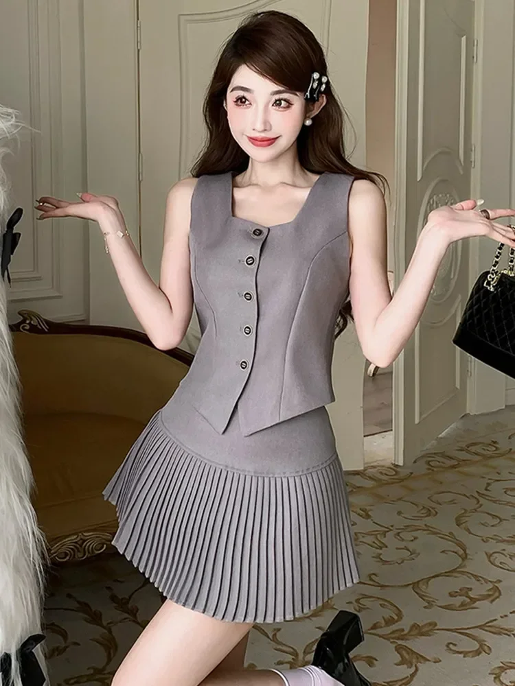 New Korean Fashion Two Piece Set Women Square Collar Sleeveless Vest Top + Hig Waist Pleated Skirts Women\'s Suit Y2k