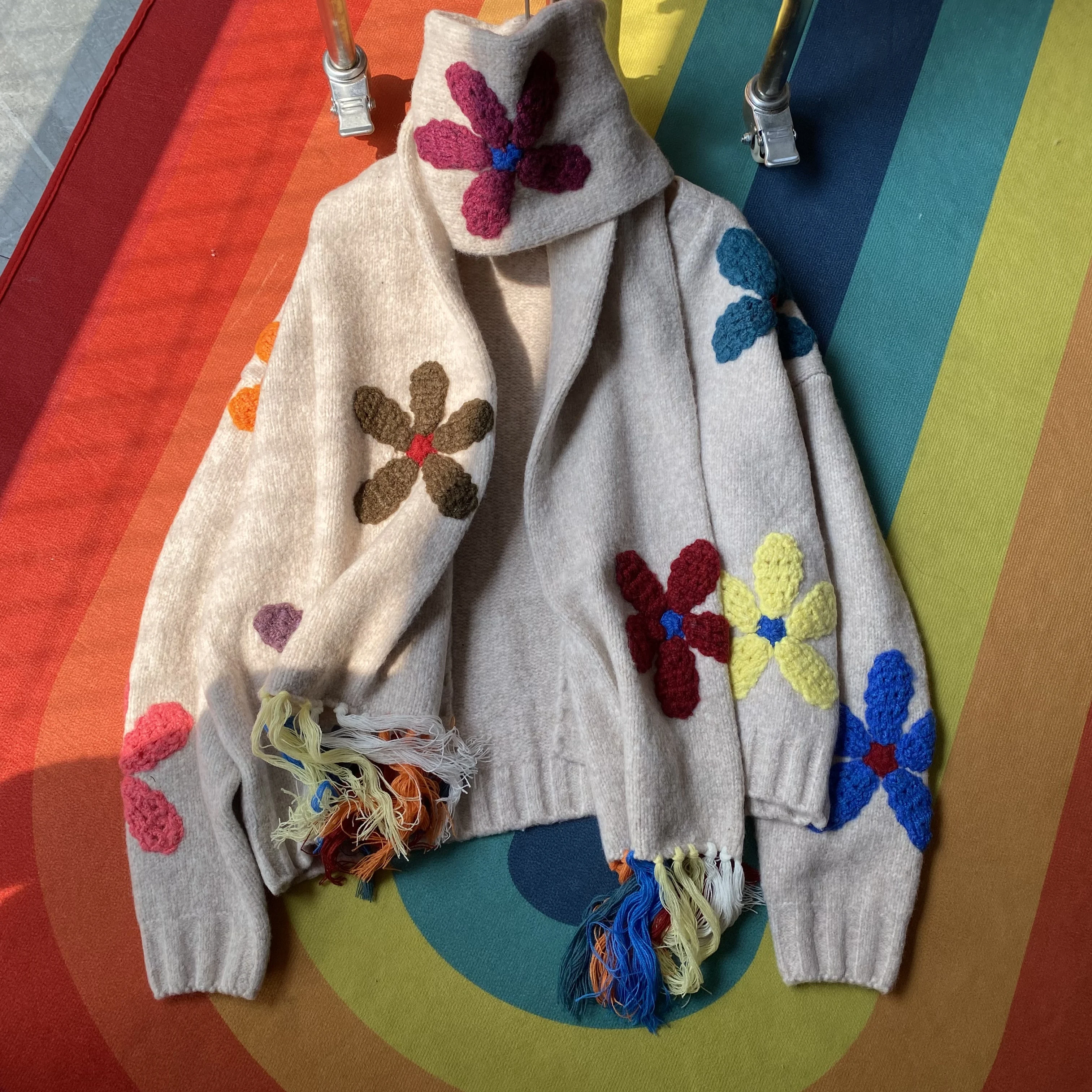 3D Colorful Crochet Flower Knit Cardigan with Tassel Scarf Multicolour Floral Knit Sweater 2025 Autumn/Winter Women Kniwear