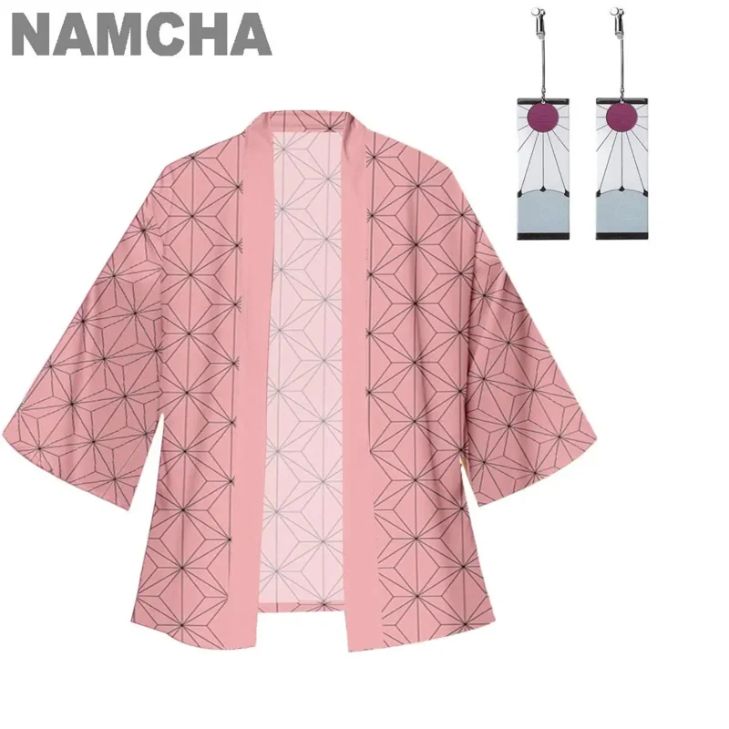 Anime kamado tanjirou cosplay traje kamado nezuko giyuu tomioka quimono capas jaqueta cardigan com clipes de orelha