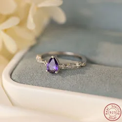 2023 New 100% S925 Sterling Silver Purple Water droplet Ring Personalized Engagement Ring Simple Design Women's Ring