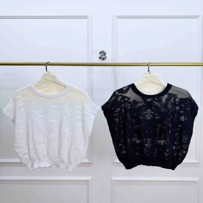 Lazy Chic 2026 Spring Summer Knit Top, Women Sexy See-Through Crochet Short Sleeve Sweater, Elegant Slim Pullover Blouse