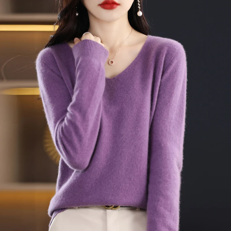 100% Pure Wool Soft Sweater Women Autumn Winter First Line Seamless Low V-neck Pullover Basis Casual Cashmere Warm Knitting Top