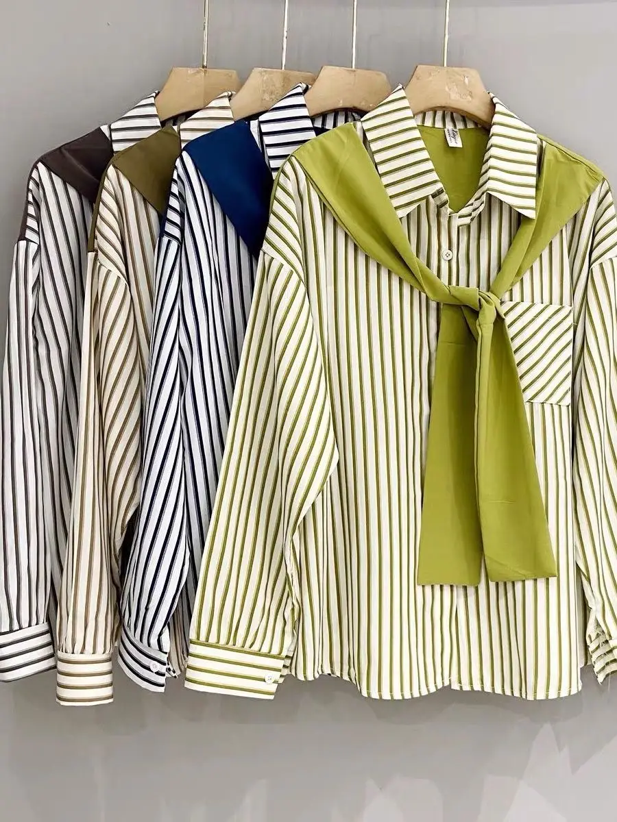 

Elegant Striped Long Sleeve Shirt Women's Fashionable Patchwork Design Shawl Collar Button up Korean Style Autumn Top