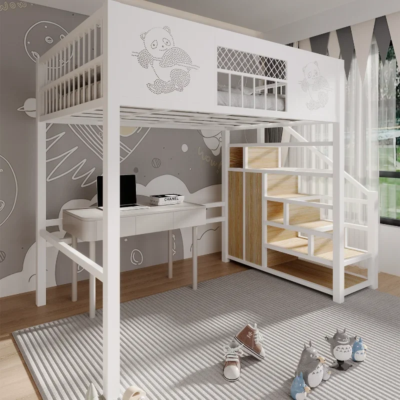 Wrought iron duplex elevated bed duplex second floor bed combination small apartment loft bed and table