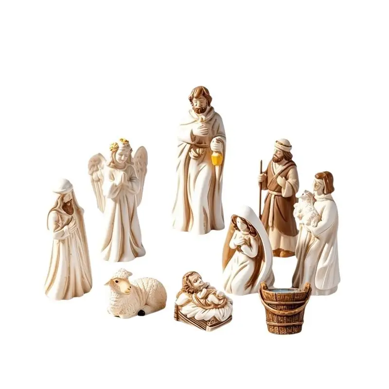 8pcs Christmas Resin Saints Mary  Baby  Angel Sheep Statues Desktop Micro Landscape Resin Small Ornaments
