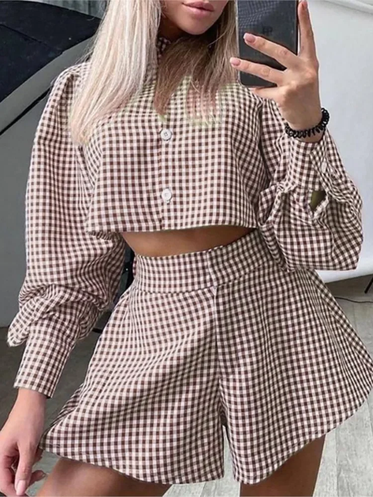 

Casual Plaid Two Piece Sets Women Fashion Lantern Sleeve Shirt Short Tops + Wide Leg Shorts Sets Elegant Loose Sexy Female Suit