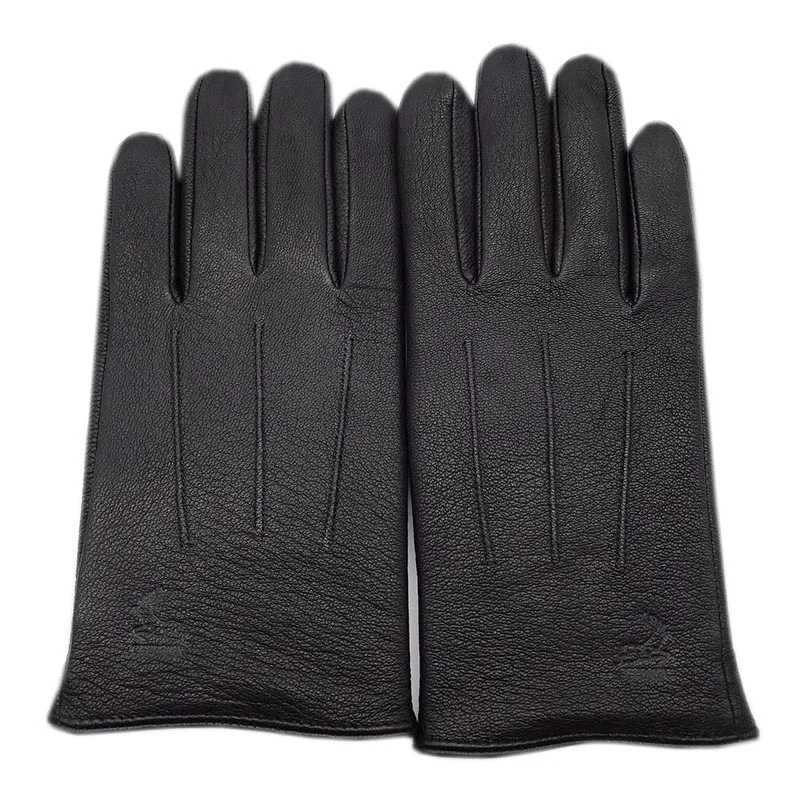 Winter Men\'s Deerskin Gloves Wrist Fashion New Leather Deerskin Gloves Wool Lining Machine Stitching Warm Driving Small Size Rid