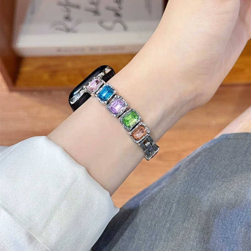 

Square Sugar Color Diamond Inlaid Metal Exquisite Compatible iWatch Strap 38mm 40mm 41mm 42mm 44mm 45mm 49mm Fashion Strap