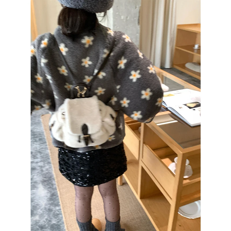 เสื้อโค้ทขนแกะลายดอกไม้ MEXZT สำหรับผู้หญิง สไตล์วินเทจ แขนยาว แจ็คเก็ตขนฟู ฤดูหนาว ฮาราจูกุ เกาหลี คิวท์คอร์ มีกระเป๋า เสื้อคลุมขนสัตว์ ใหม่