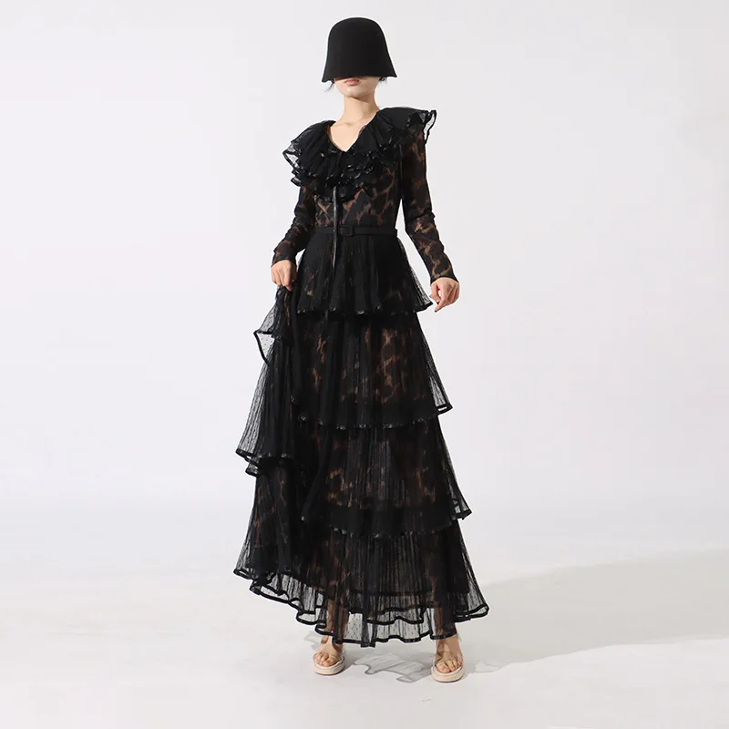 

Fashion Flounce Leopard Print Tierred Dresses Spring Women Long Sleeved V-neck Pleated Dress Autumn High Waist Mid Calf Dress