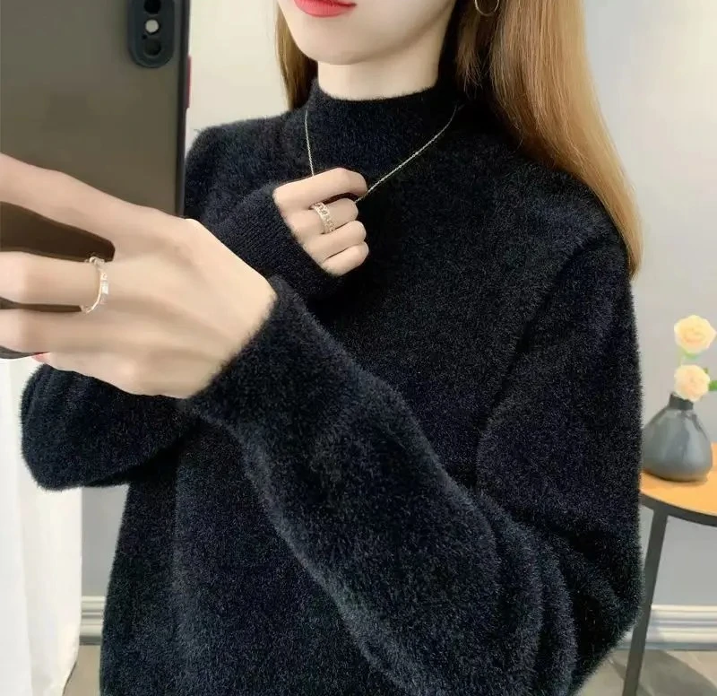 Modieuze korte nep-otterbont gebreide trui losse halfhoge kraag damesbasisshirt herfst wintercollectie