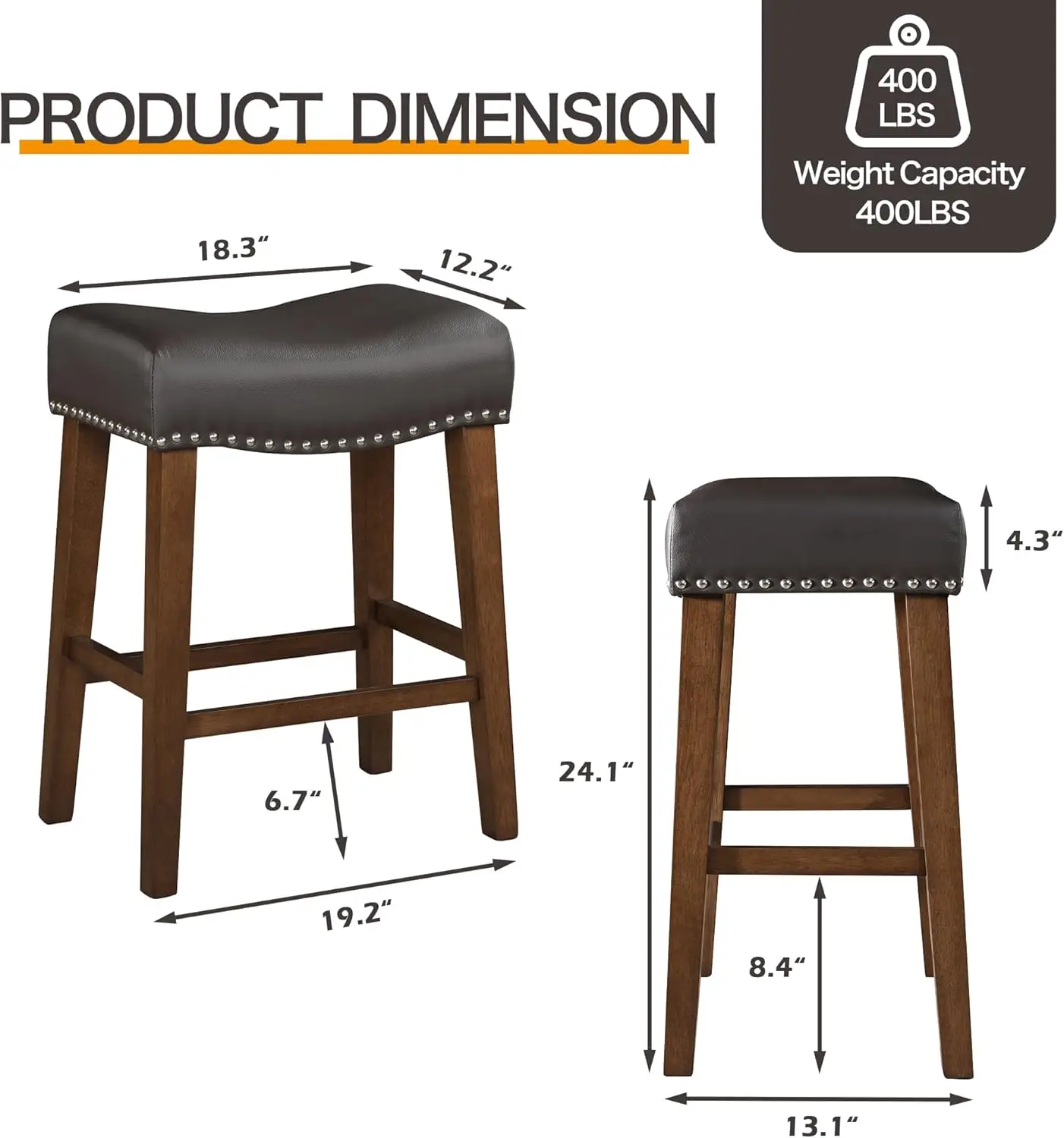 24' Backless Bar Stools Set of 2 - Modern Brown Faux Leather Counter Height Stools