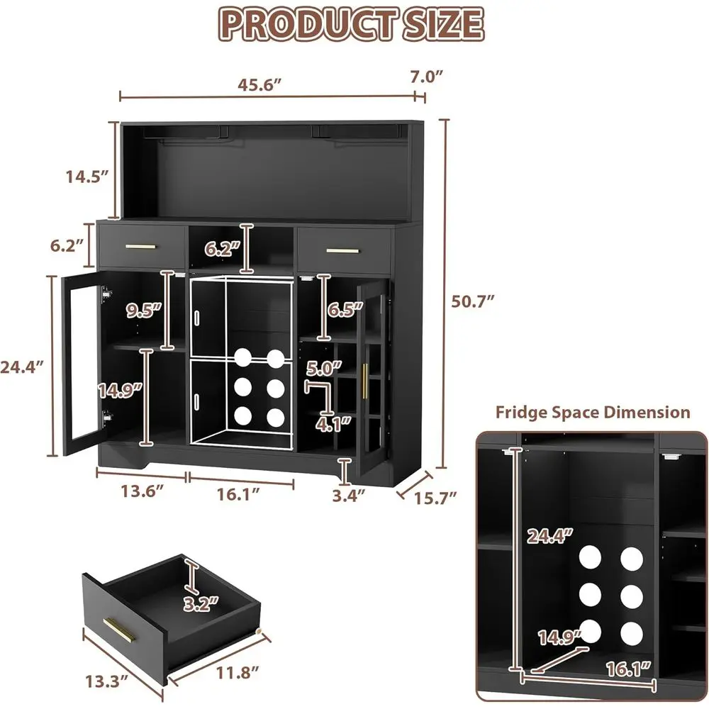 Compact Refrigerator Cabinet with Storage, LED-Lit Wine Bar, and Power Outlet for Home Coffee Bars and Modern Buffets