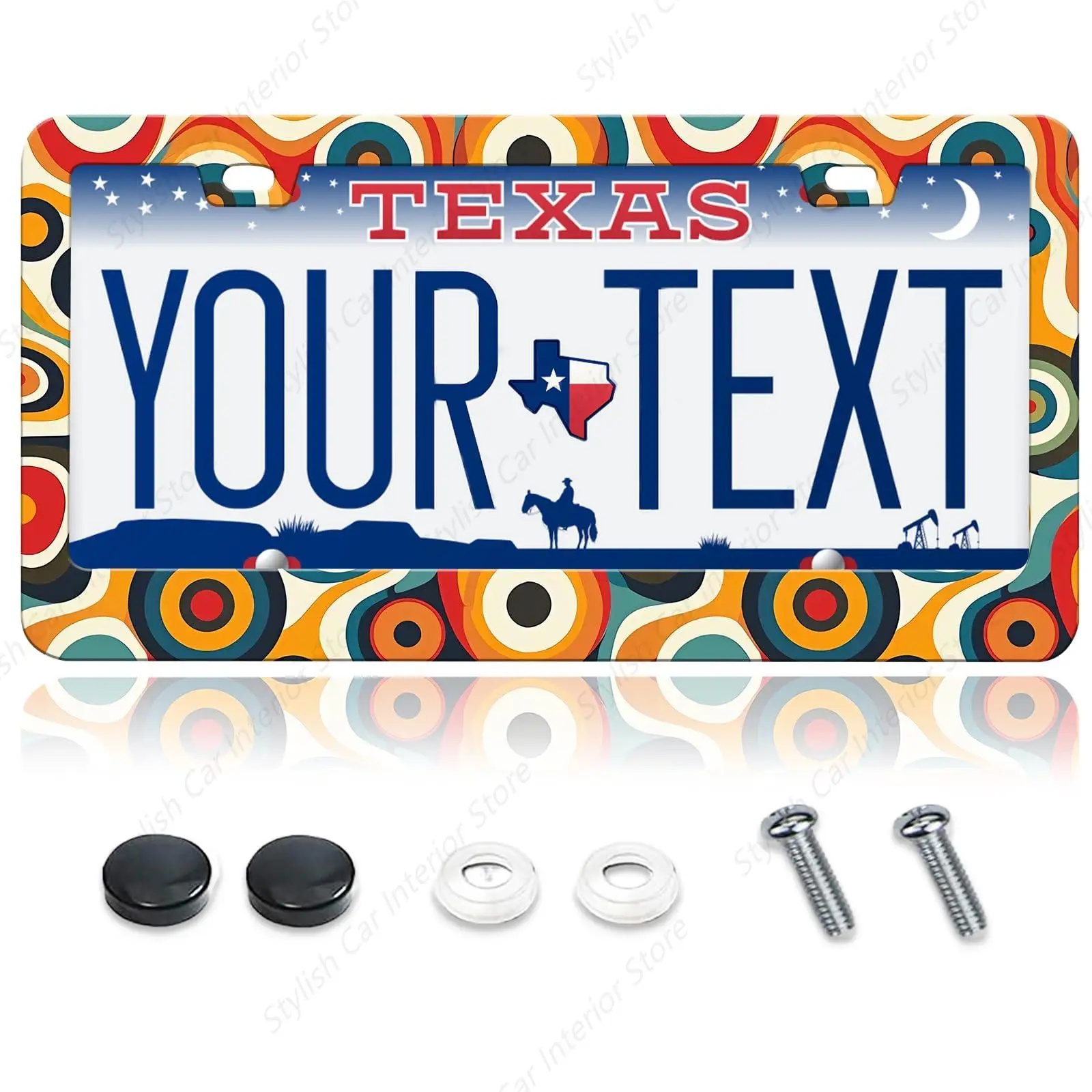 

Retro License Plate Frame, Groovy Hippie Circles Stainless Steel Car License Plate Cover Holder Frame Decoration with Screws