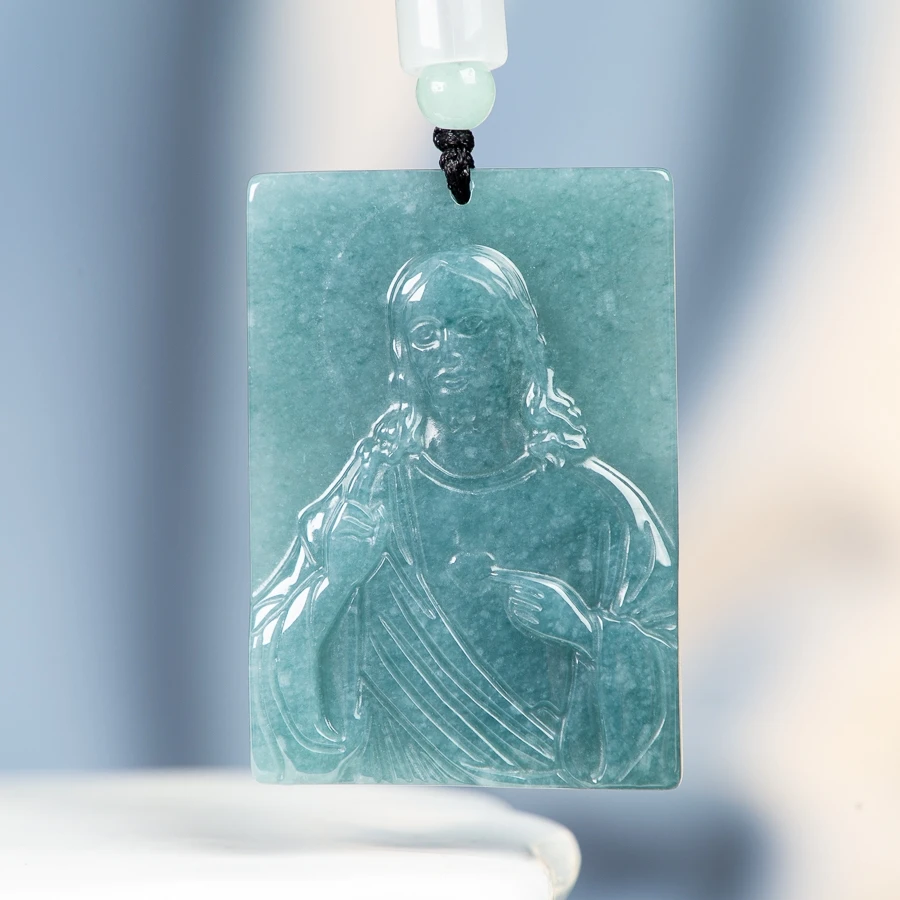 

TIMESWIND Natural A-grade jade blue portrait faith men square necklace with certificate