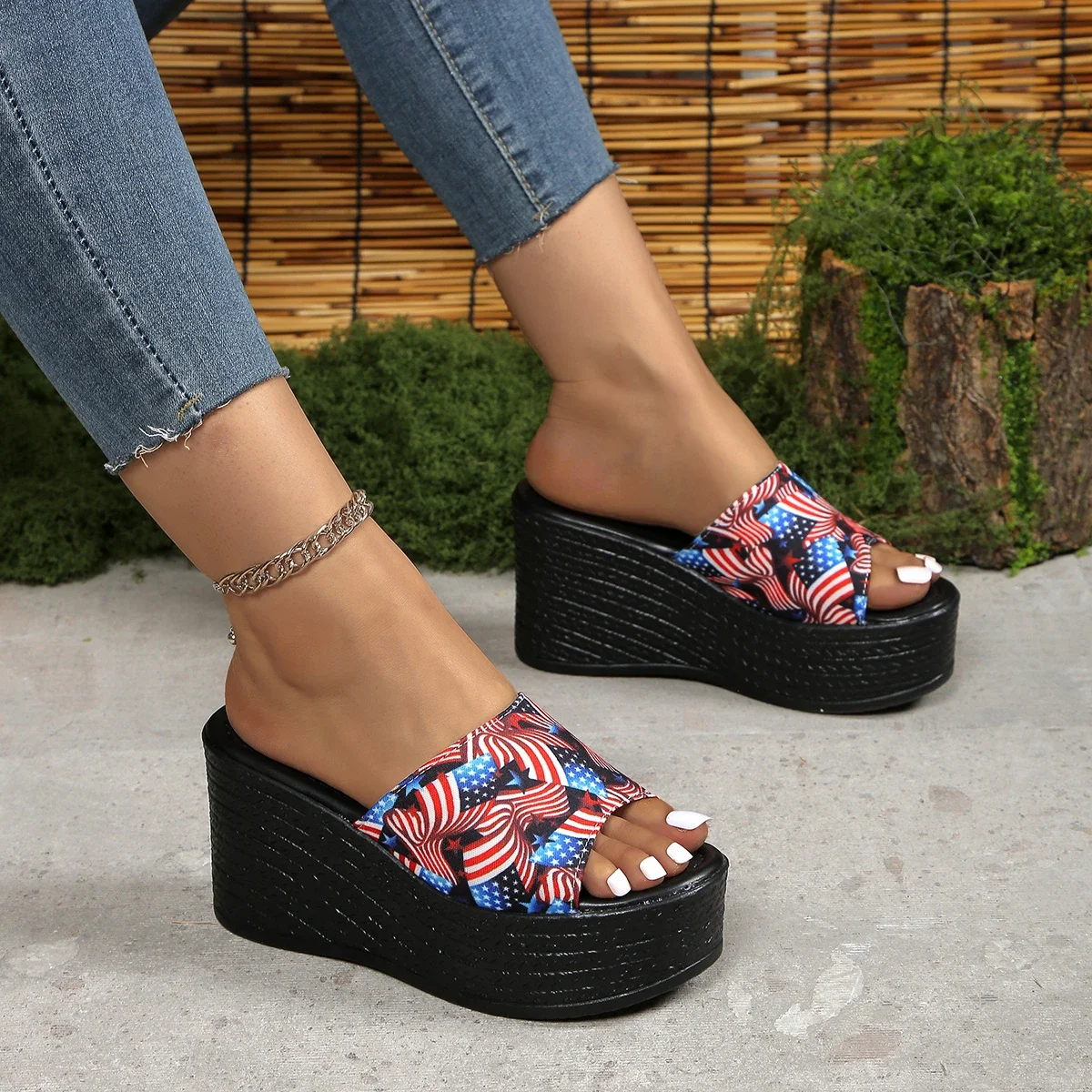 

Women Sandals Summer Outdoor High Heels Sandals Fashion Large Size Open Toe Printed Beach Wedges Shoes for Women Slides Women
