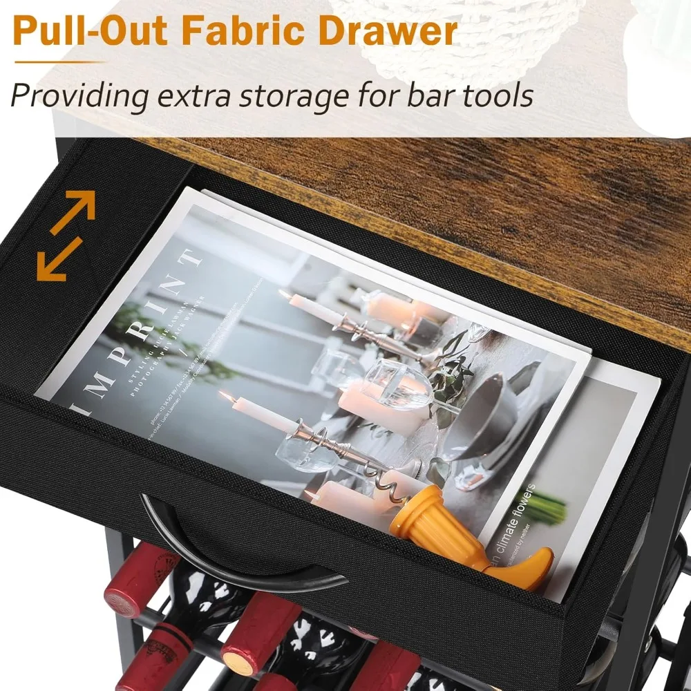 estante para vino independiente, estantes para almacenamiento de vino con exhibición de 5 niveles con soporte para vasos y cajón de tela, gabinete para licores de 20 botellas b