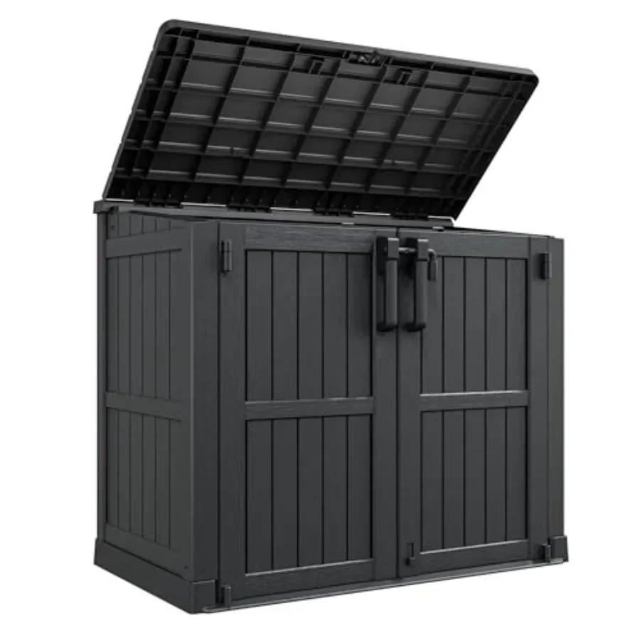Outdoor storage cabinet for backyards: waterproof resin, gray, 36 cu ft capacity with lockable doors and portable horizontal de