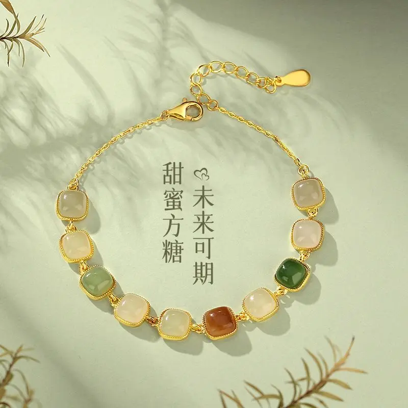 

Runyu real shot Duobao Hetian jade bracelet women's S925 sterling silver new Chinese high-end small sugar cube jade jewelry