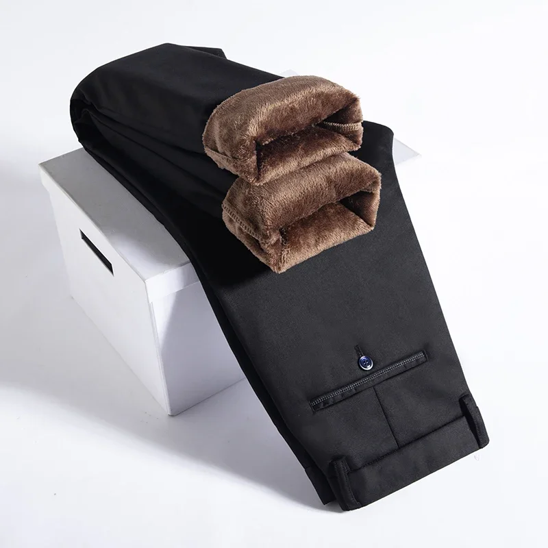 Winter Fleece Men\'s Business Pants Classic Trousers Elastic Thickened Warm Flannel Straight Casual Brand Plush Pants