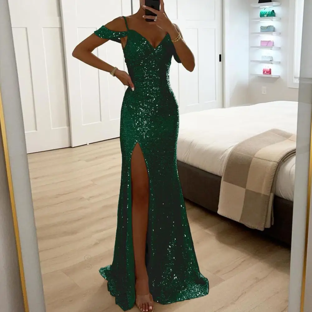 Sukienka wieczorowa Lady V Neck Side Slit Floor Length Sequin Ball Gown Sleeveless Slim Fit Prom Wedding Party Banquet Maxi Dress — zdjęcie 3