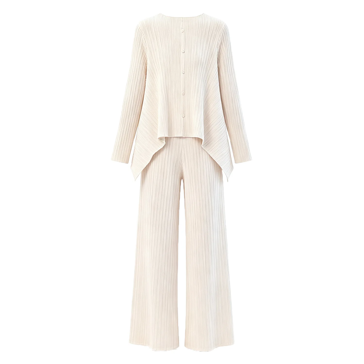 Miyake Pleated 2‑Piece Outfit Women Round Neck Irregular Hem Button Cardigan Wide Leg Pants Long‑Sleeve Elegant Casual Suit Set view 5