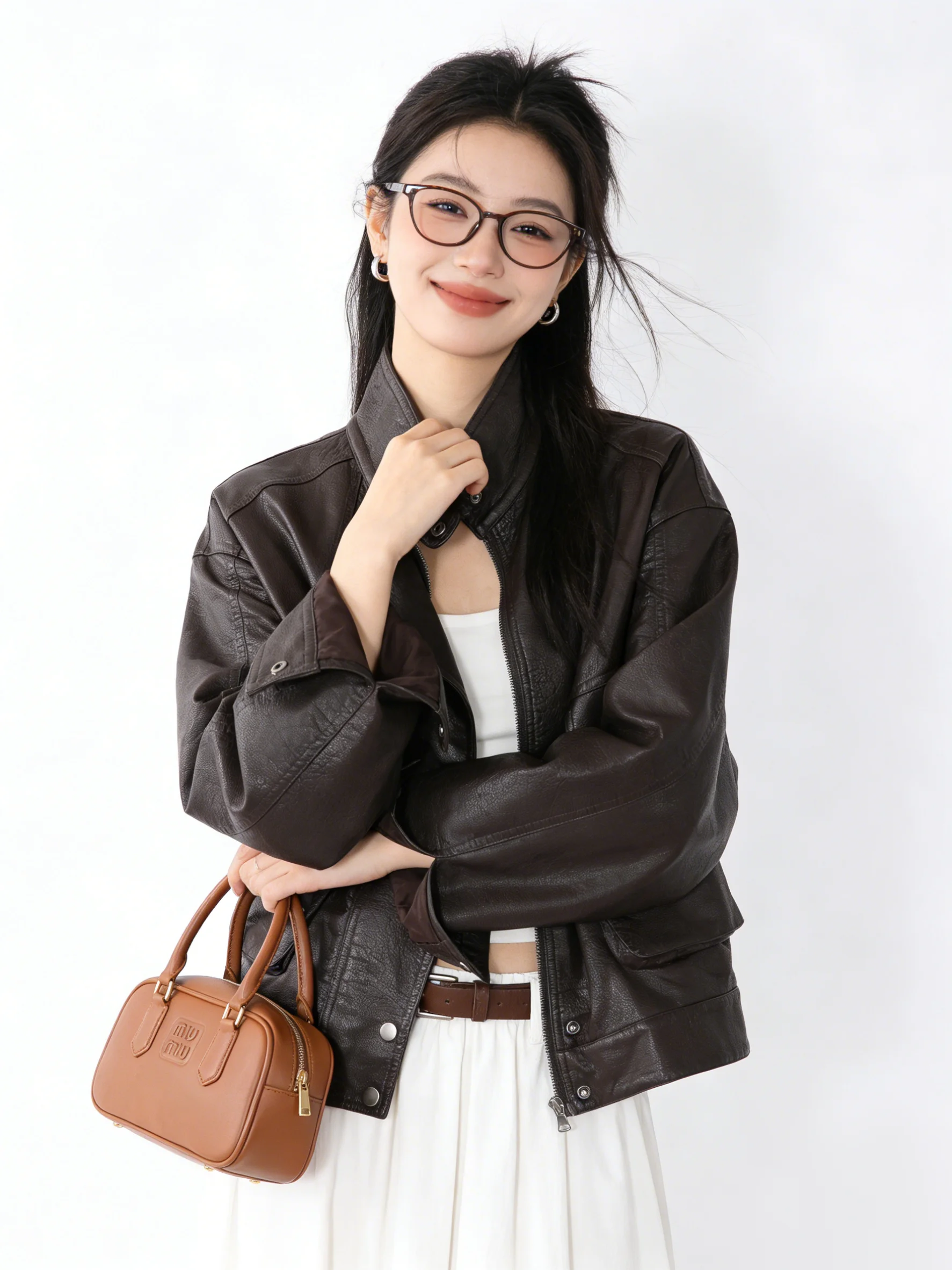 

Retro Biker Jacket Coffee Color Casual Stand Collar Leather Coat Spring New Style Slimming High-End Sensation Commute Wind