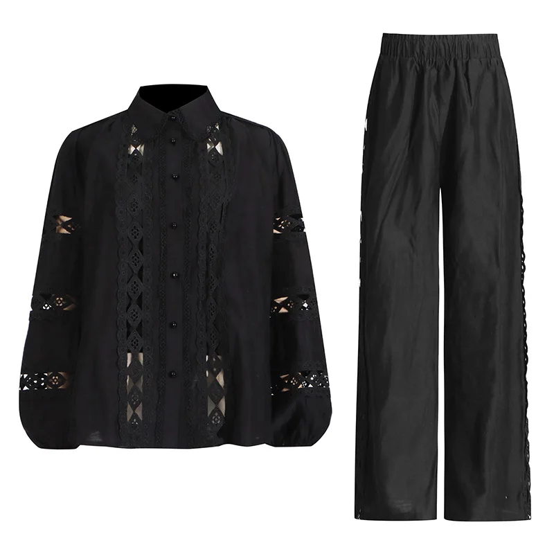 ZAMOR Women's Casual Commute Two-Piece Set Embroidery Sleeve Shirt Straight Leg Pants Summer Office Outfit