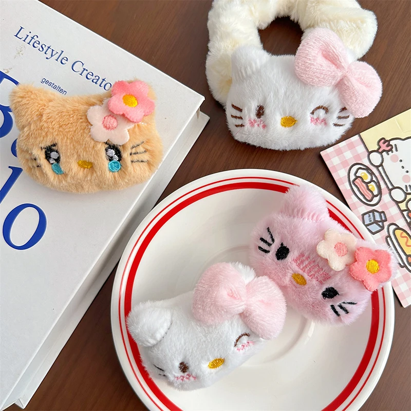 Hello Kitty Plush Scrunchies Brooch Kawaii Sanrio KT Cat Elastic Hair Ties Hair Rope Face Washing Make Up Hair Circle