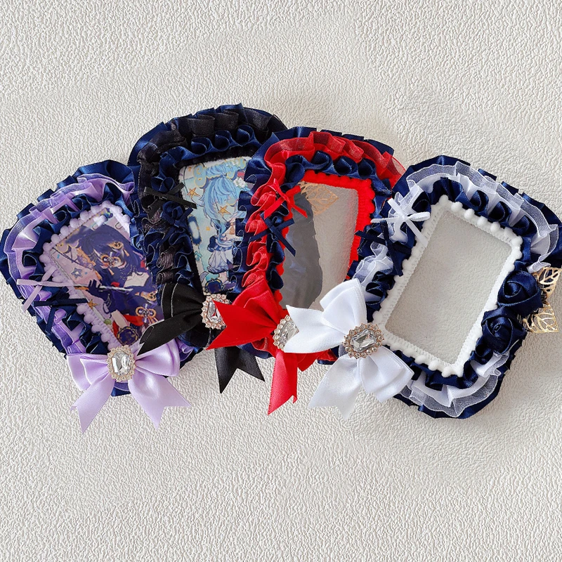 Fabric Rose Leaf Decor Bow Ruffle Lace Photocard Display Card Holder Lolita Bow 3 Inch KPOP Photocard Decor Border Retro Contrast Color Polaroid Photo Frame Idol Collection Decor Ornament photocard topper