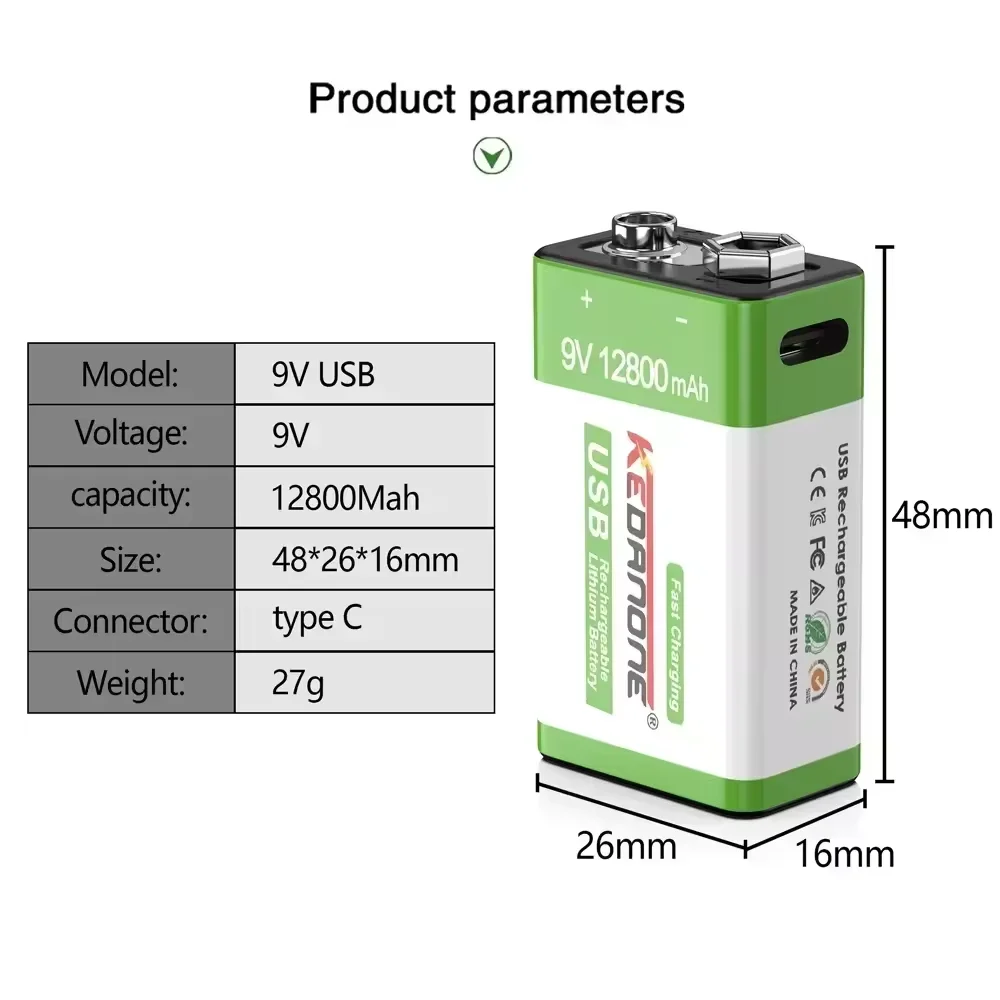9V Rechargeable Battery 12800mAh 6F22 Micro USB 9V Li-ion Batteries for Multimeter Microphone Toy Remote Control KTV