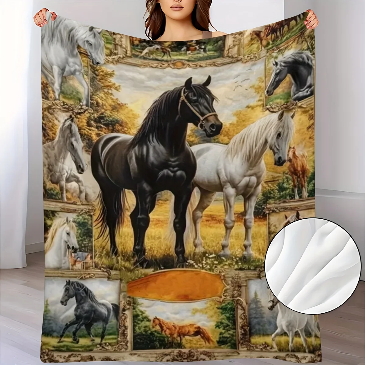 Cozy Retro Horse Print Flannel Blanket - Lightweight, Soft & Warm | Suitable for Sofa, Bed, Travel, Camping | Multiple Sizes Ava