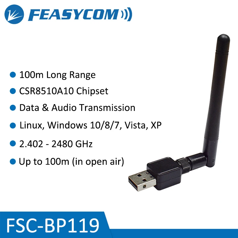 Feasycom FSC-BP119 100m Long Range BT 4.0 Dongle Class 1 SMA PnP USB Bluetooth Adapter for Windows 10/8/7, XP, Vista, Linux