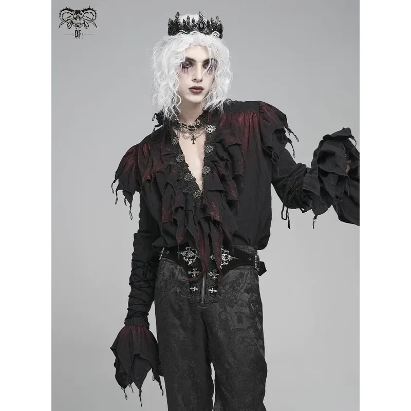 Goth Punk Double Mesh Long Sleeve Shirt Hand Painted Burgundy Top Alternative Fashion SHT148
