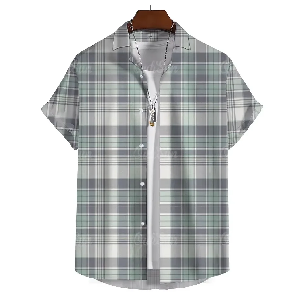 Checkered Striped Print Shirts For Men Summer Casual Men's Shirt Beach Vacation Style Hawaiian Short Sleeve Oversized Tops