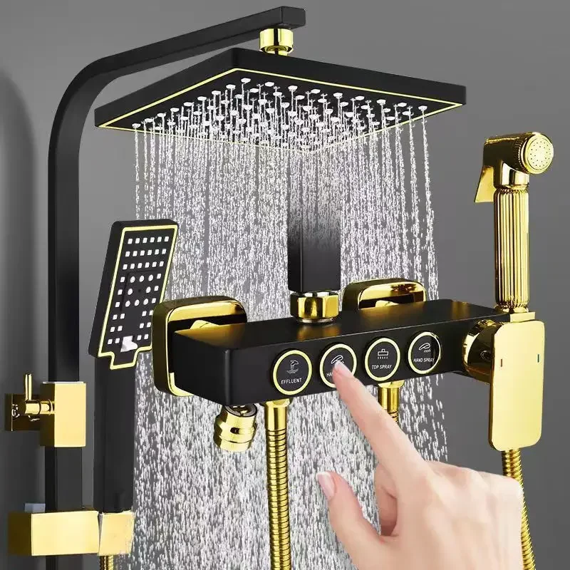 Black Gold Stainless Steel Shower System Complete Set, Brass Thermostatic Button Shower Faucet For Household Bathroom