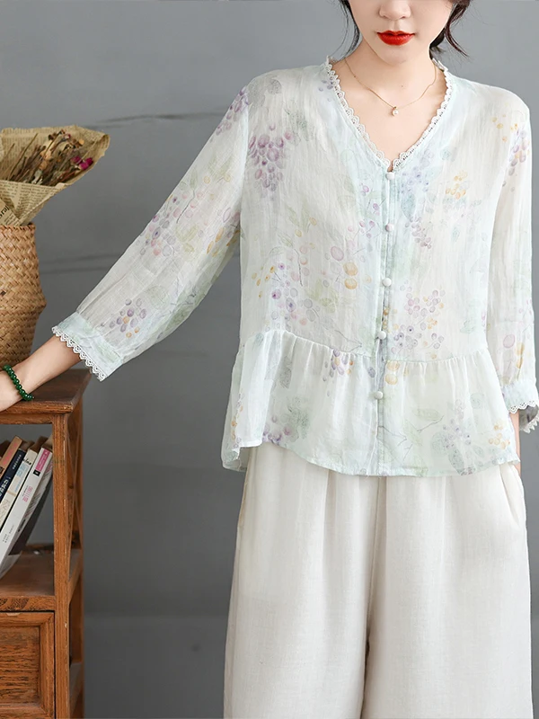 

Artistic Floral Print Thin Shirt Large Size Women's Lace Trim Seven-Quarter Sleeve Button V-Neck Floral Open Cardigan Summer