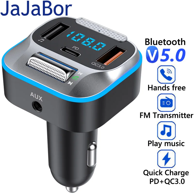 

JaJaBor FM Transmitter Modulator 3.5mm AUX Audio Receiver QC3.0 PD 30W USB C Fast Charging Bluetooth 5.0 Handsfree Car Kit