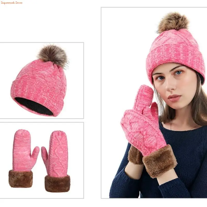 Q5WE 2Pcs Women Winter Warm Cable Knit Plush Lined Beanie Hat with Gloves Set