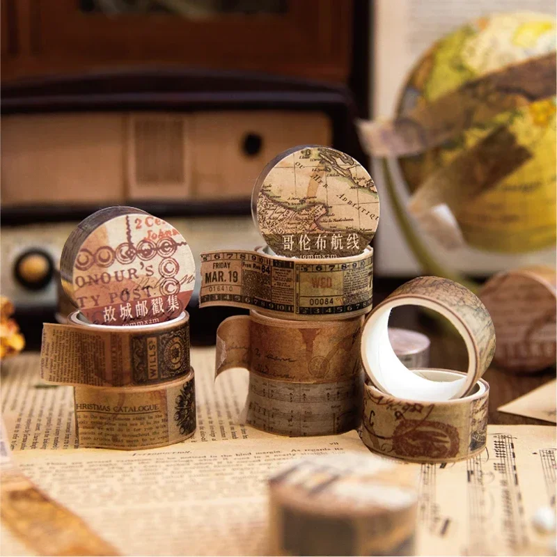 18.5mm*2m Vintage Washi Paper Tapes Junk Journal DIY Scrapbooking Creative Stationery Decor Diary Marking Adhesive Tapes