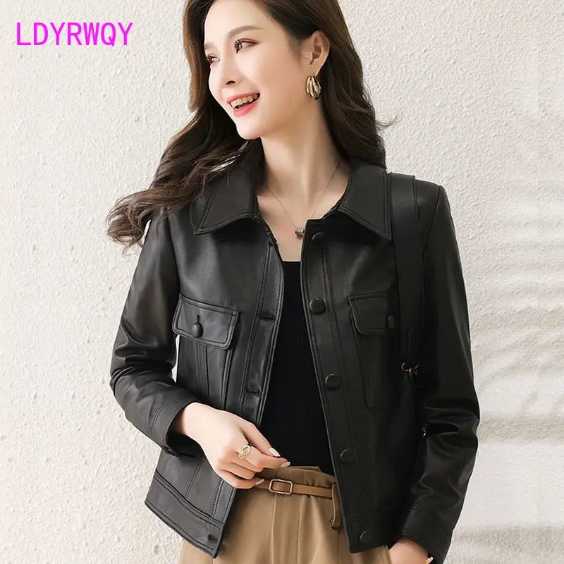 Polo Collar Leather Coat Women's 2023 New Leather Jacket Motorcycle Women's Short Coat