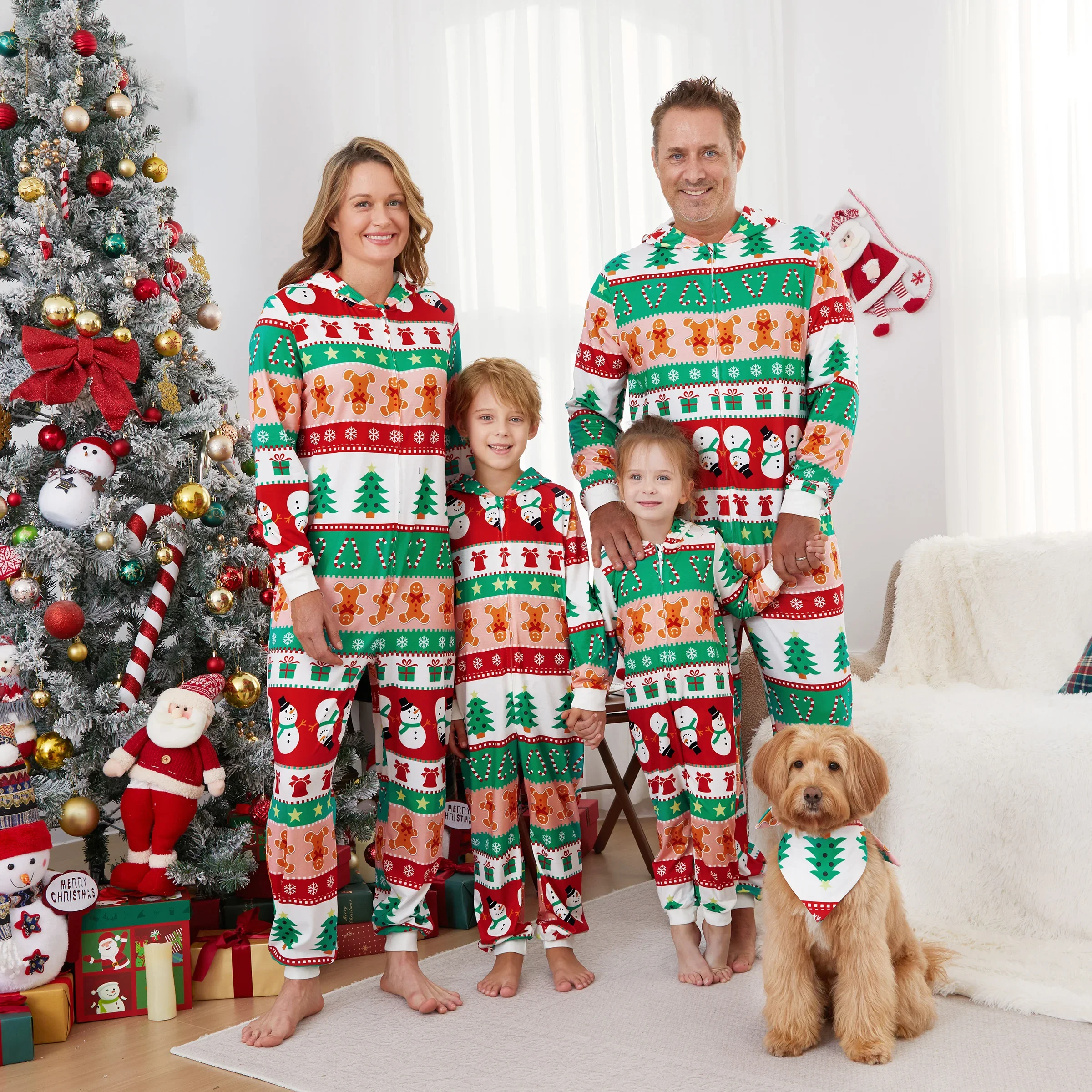 

PatPat Christmas Bodysuit Pajamas Full Body Gingerbread Man And Christmas Tree Print Front Zipper Family Matching Pajama Set