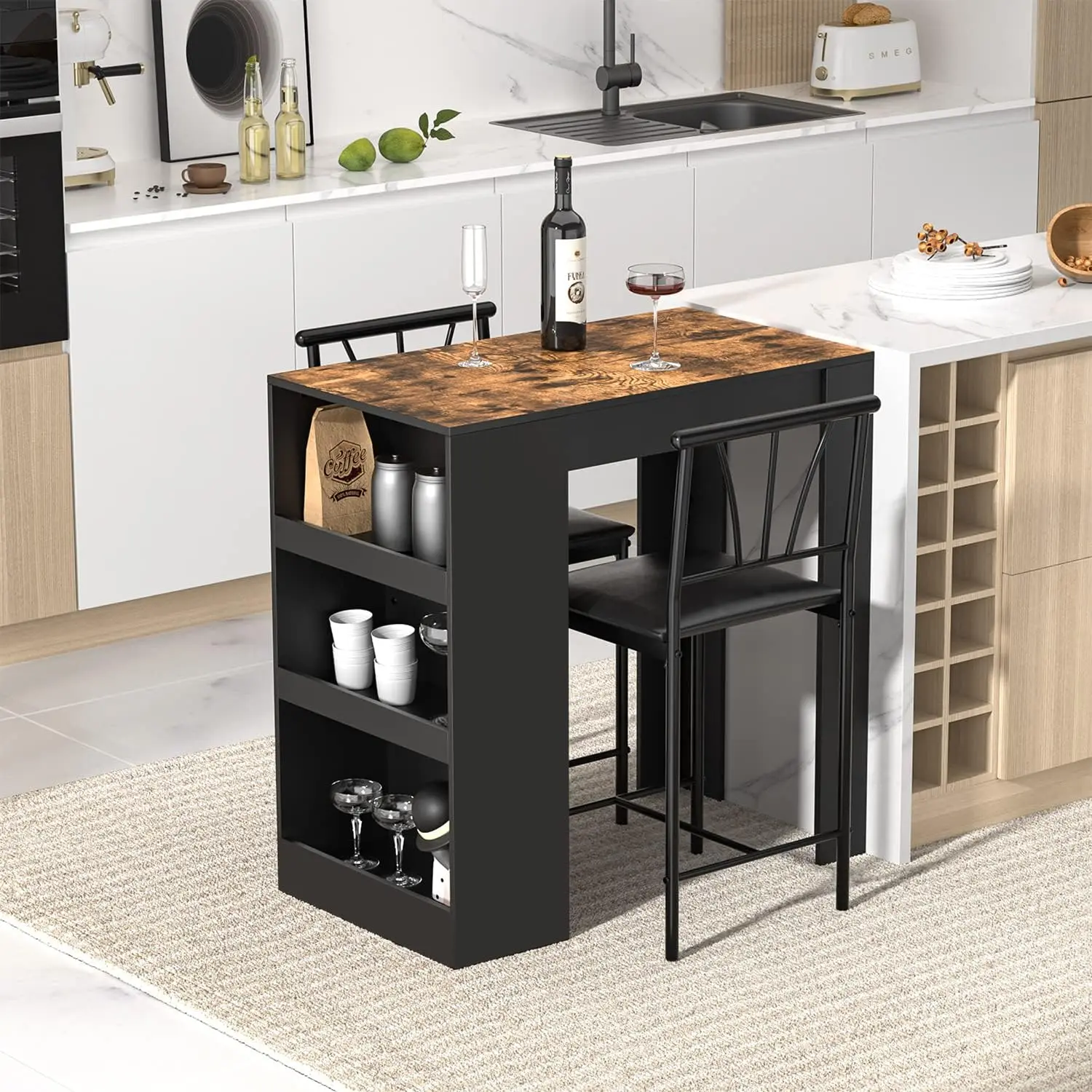 Small Bar Table and Chairs Tall Kitchen Breakfast Nook with Stools/Dining Set for 2, Storage Shelves, Space-Saving, Black